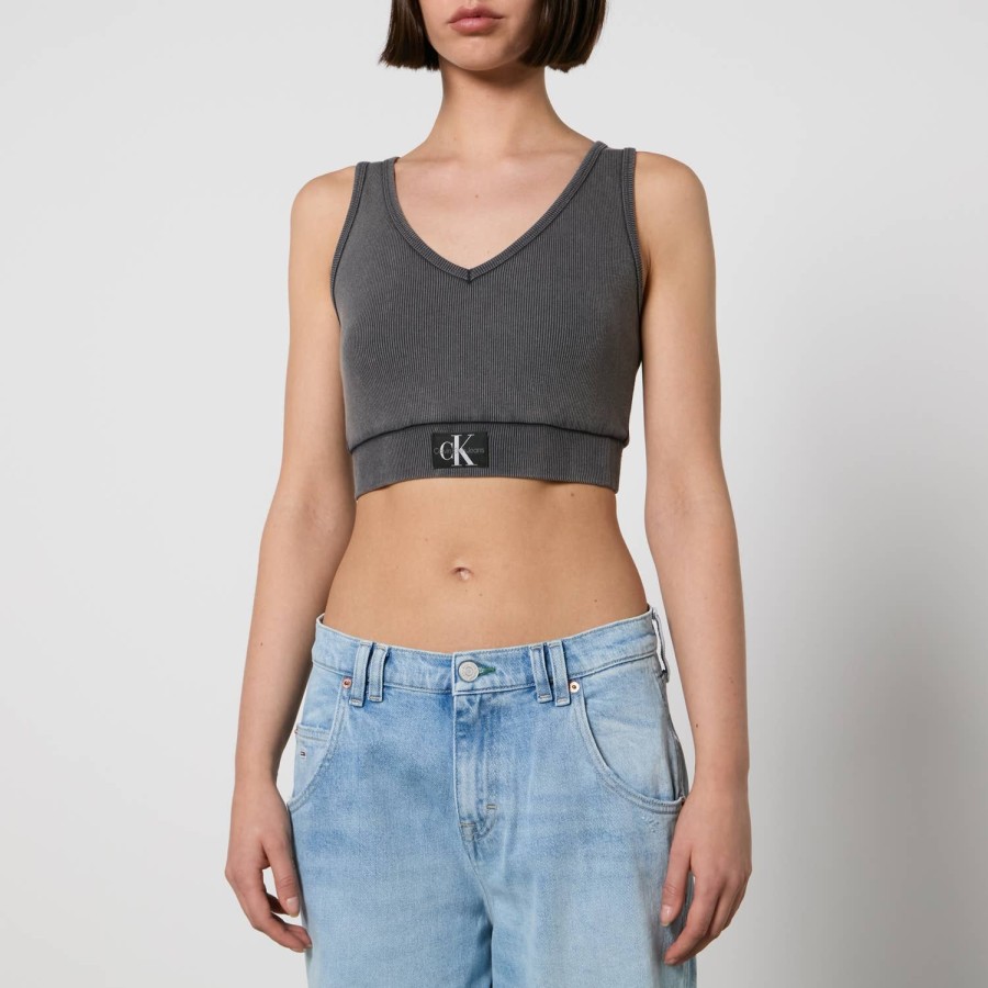 Wehe Calvin Klein Jeans Oberteile | Calvin Klein Jeans Label Crop-Top Aus Gewaschenem Stretch-Baumwolljersey