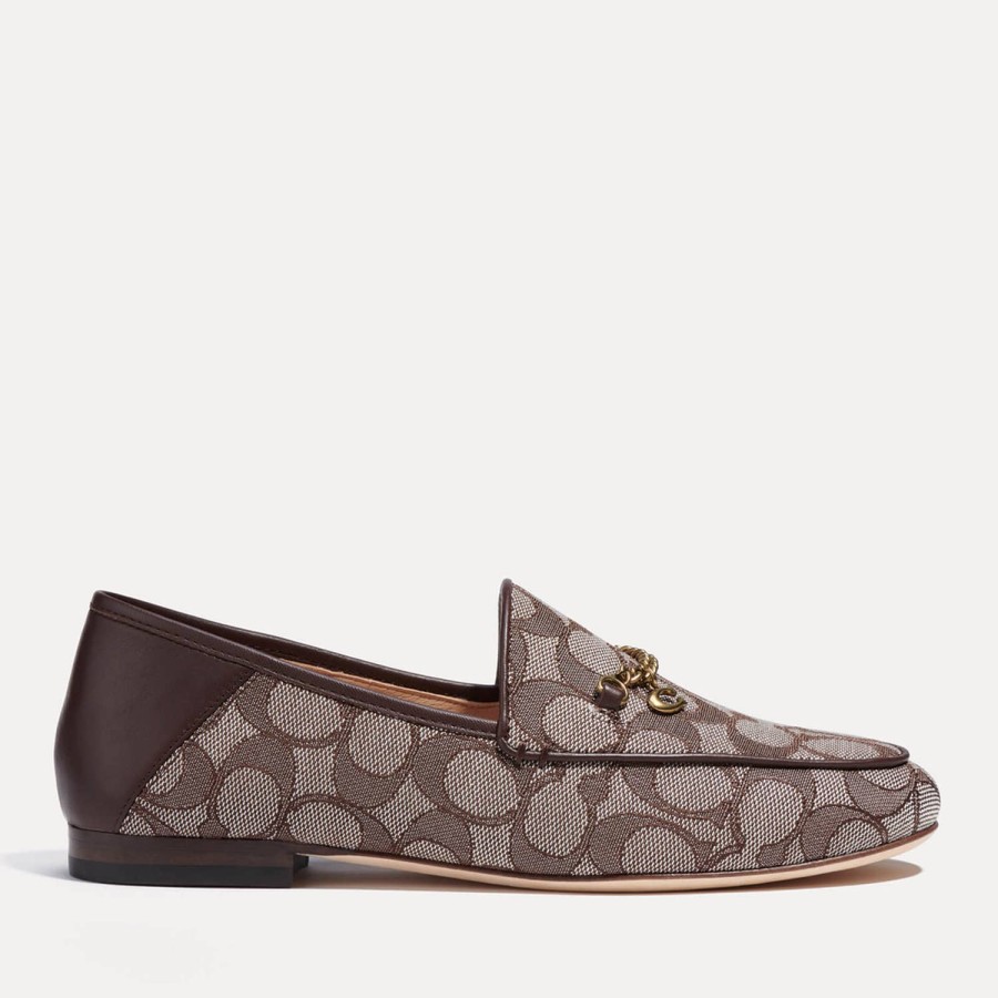 Schuhwerk Trainer Slipper | Coach Damen-Loafer „Hanna Jacquard" Aus Goldfarbenem Leder Mit Kette