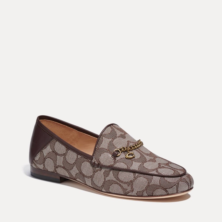 Schuhwerk Trainer Slipper | Coach Damen-Loafer „Hanna Jacquard" Aus Goldfarbenem Leder Mit Kette